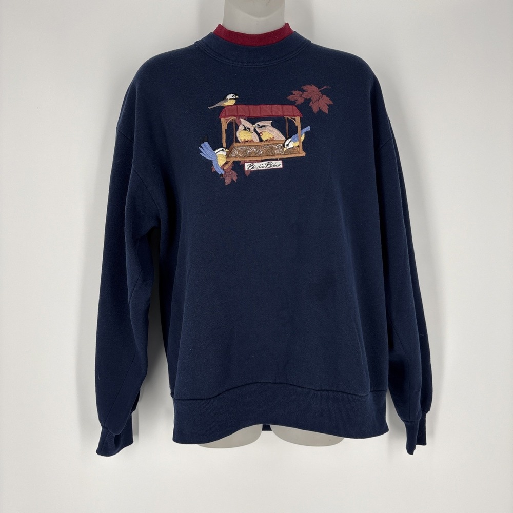 Top Stitch By Morning Sun Birdfeeder Sweatshirt‎ Sz Large Blue Grannycore